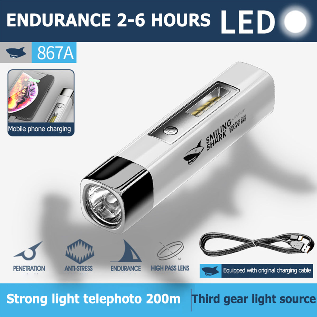 Smiling Shark SD867 Mini 2 In 1 Torch 4-Core USB Rechargeable Flashlight LED Torch High Bright Power bank Function