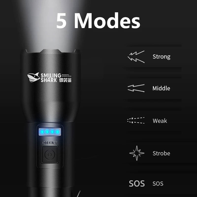 Smiling Shark SD-8107 Super Bright 7000 Lumens Type-C Rechargeable Torch Light Torches Rechargeable Flashlight Lighting 5 Models Zoomable Waterproof