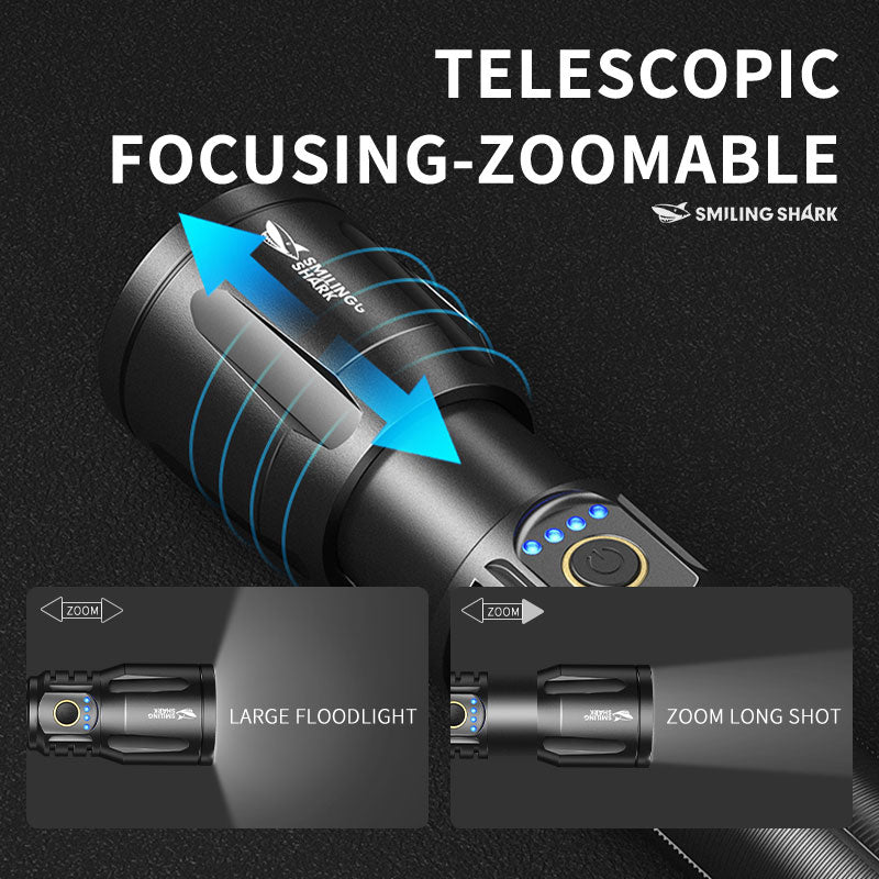 Smiling Shark SD-7008 Flashlight 12000 lumens Torches Rechargeable Type-C Rechargeable 3 modes Zoomable Waterproof With Power Bank Function