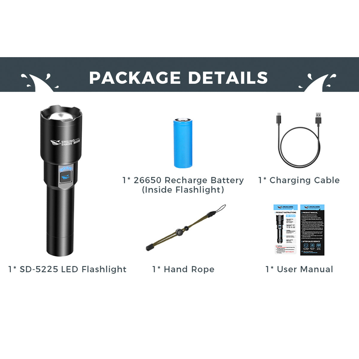 Smiling Shark SD5225 Super Bright 6000 Lumens Torch Rechargeable Led Flashlight With Powerbank Function