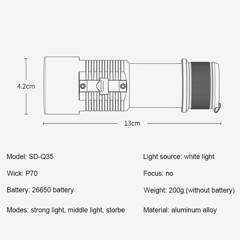 Smiling Shark SD-Q35 Super Bright 6000LM Scuba Diving Torch 40M IPX8 Professional Flashlight IPX8 Waterproof 40m Flashlight for Diving