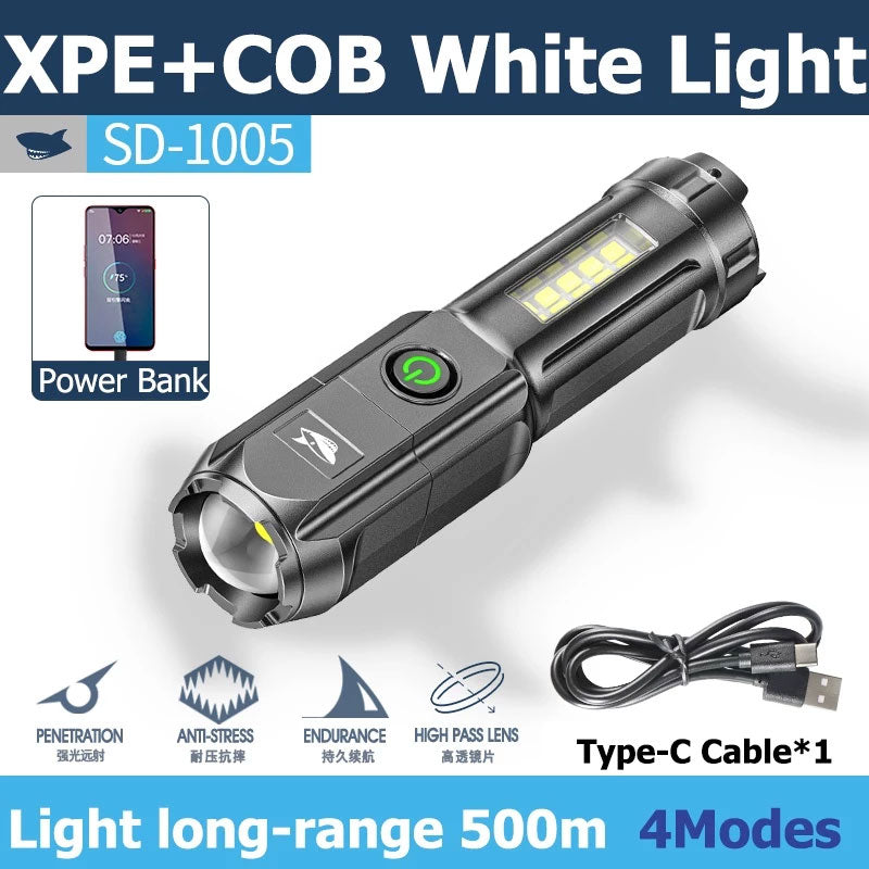 Smiling Shark SD1005 Usb Rechargeable Flashlight Led Torch COB Led Torch With Power Bank Function