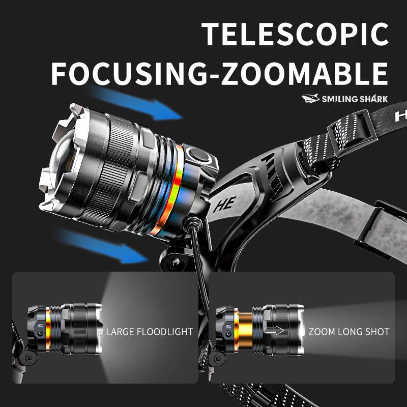 Smiling Shark K225B Led Headlights 6000 LMS LED Headlamp Torch Usb Rechargeable Headlight With Two 18650 Headlamp Battery Zoomable Type-C Waterproof With Sensor Switch