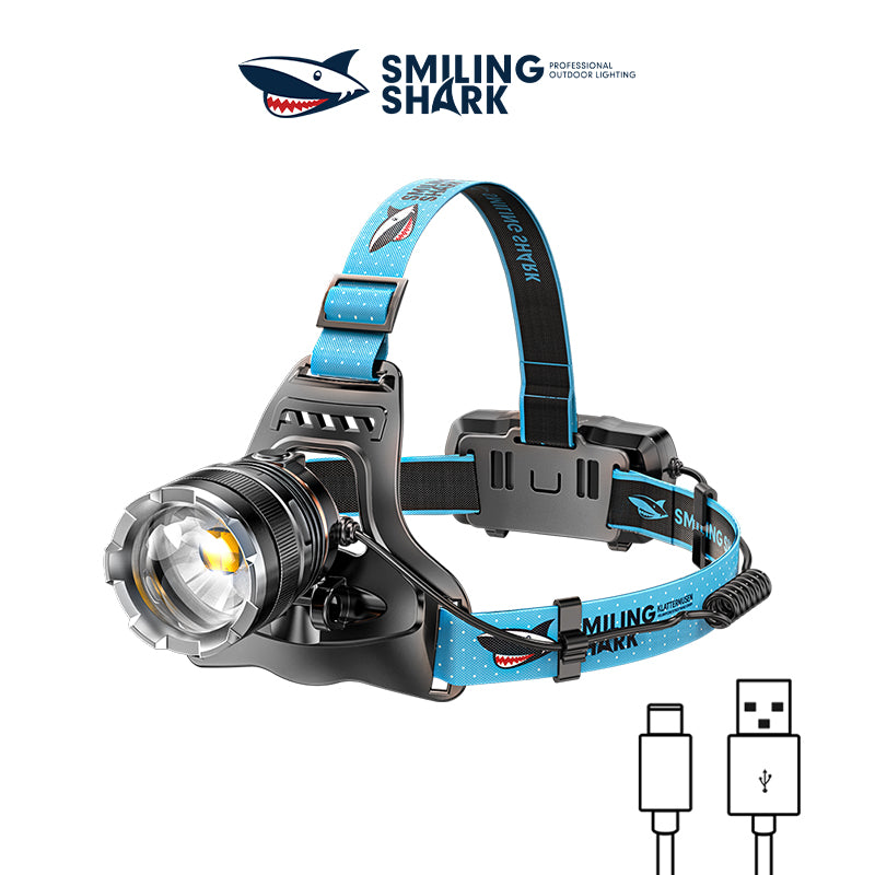 Smiling Shark K225B Led Headlights 6000 LMS LED Headlamp Torch Usb Rechargeable Headlight With Two 18650 Headlamp Battery Zoomable Type-C Waterproof With Sensor Switch