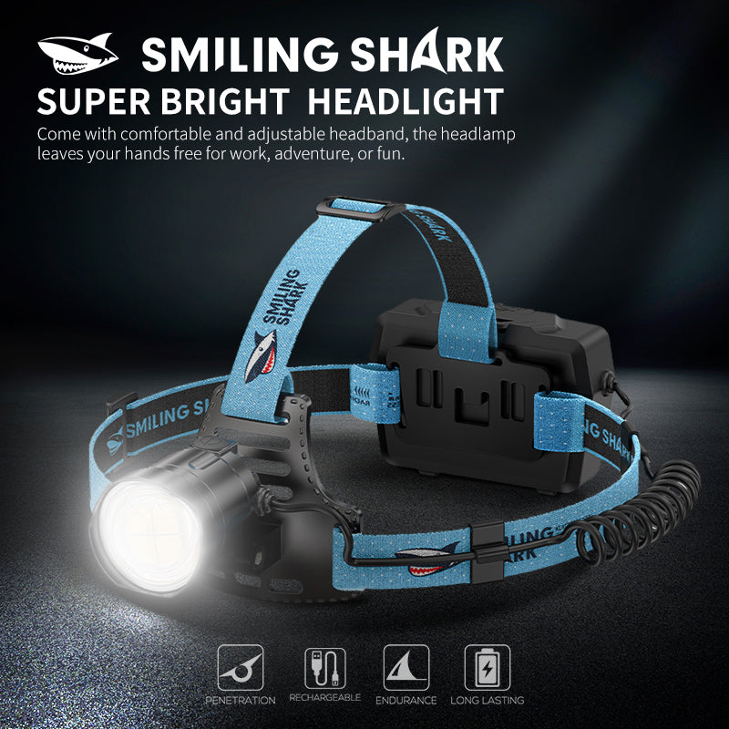 Smiling Shark K808 Super Bright 6000 Lumens Led Headlamp 8400mAh Battery Long Last Zoomable 3 Modes USB Rechargeable Waterproof LED Headlamp for Camping/Hiking