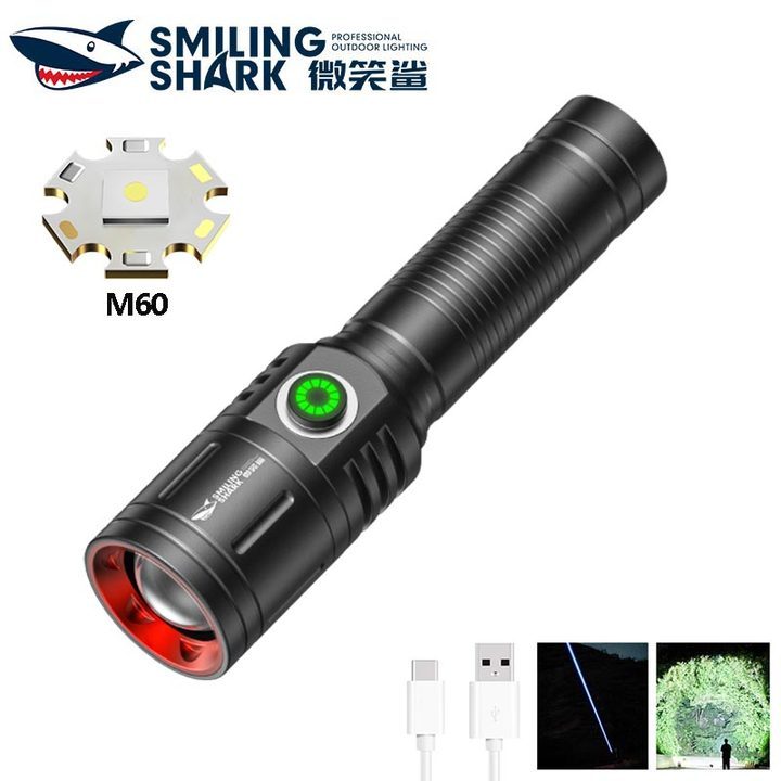 Smiling Shark SD5233 Super Bright 6000 Lumens Led Torch 4 Modes Type-C Rechargeable Torches Flashlight Zoomable Waterproof Lighting