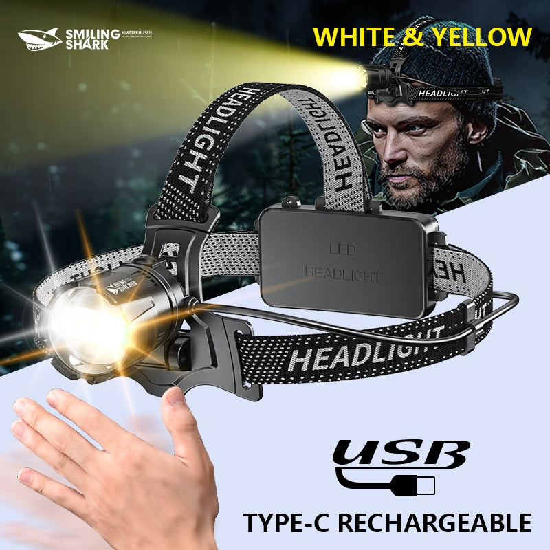 Smiling Shark TD8030 HeadLamp 8400 Lumens LED Headlight With Sensor Yellow White Light USB Rechargeable Zoomable Waterproof With Power Bank Function