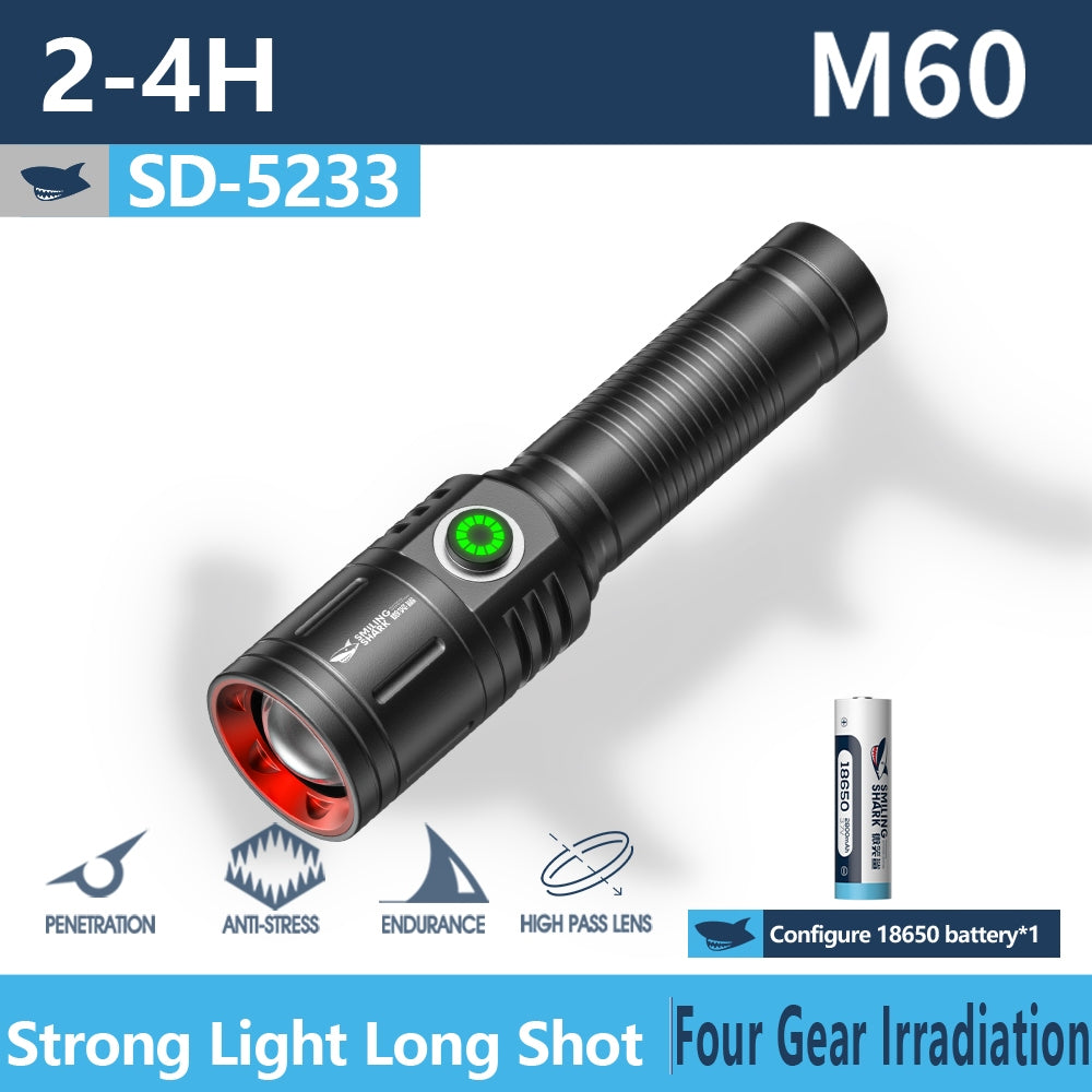 Smiling Shark SD5233 Super Bright 6000 Lumens Led Torch 4 Modes Type-C Rechargeable Torches Flashlight Zoomable Waterproof Lighting
