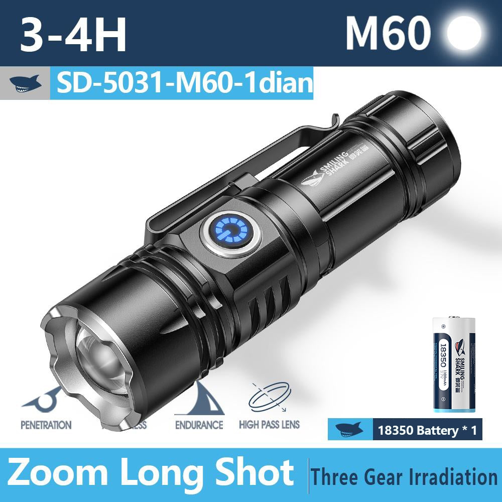 Smiling shark SD5031 Super Bright Portable 6000 Lumens Flashlight With Clip Type-C Rechargeable 3 Modes Zoomable Waterproof Tail With Magnet