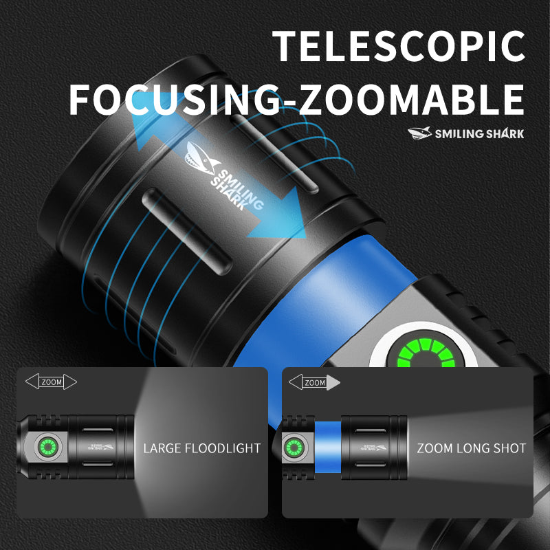 Smiling Shark SD5233 Super Bright 6000 Lumens Led Torch 4 Modes Type-C Rechargeable Torches Flashlight Zoomable Waterproof Lighting