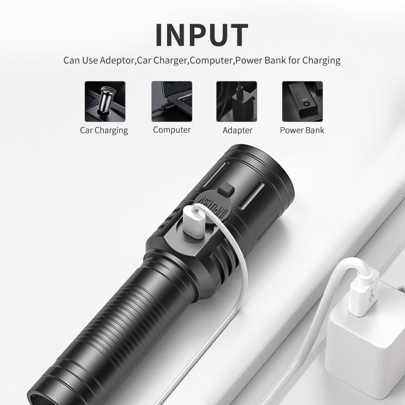 Smiling Shark SD5233 Super Bright 6000 Lumens Led Torch 4 Modes Type-C Rechargeable Torches Flashlight Zoomable Waterproof Lighting