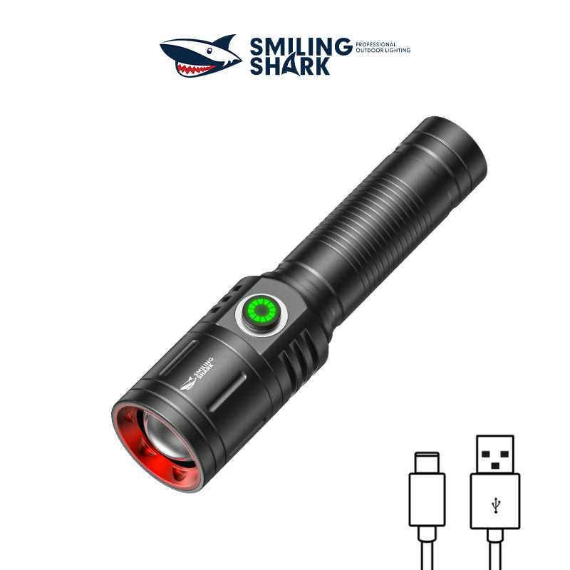 Smiling Shark SD5233 Super Bright 6000 Lumens Led Torch 4 Modes Type-C Rechargeable Torches Flashlight Zoomable Waterproof Lighting