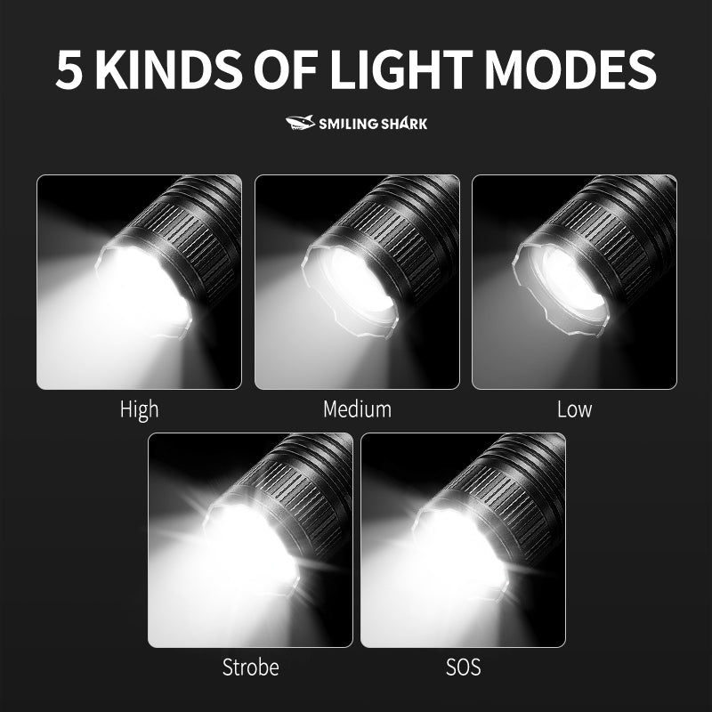 SmilingShark SD-5318 Torch Super Bright M80 10000 Lumens Flashlight Zoomable 5 Modes Type-C Rechargeable Torch Rechargeable Flashlight Water-resistant
