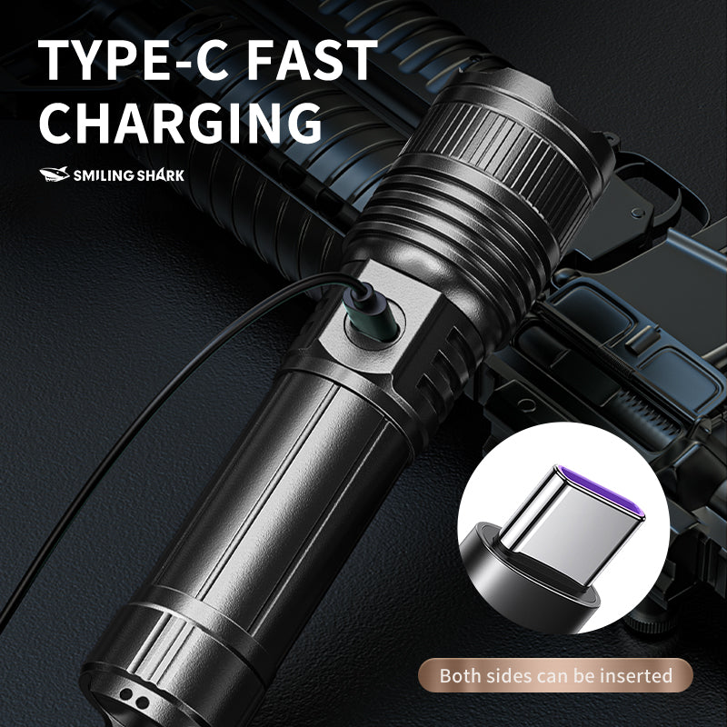 SmilingShark SD-5318 Torch Super Bright M80 10000 Lumens Flashlight Zoomable 5 Modes Type-C Rechargeable Torch Rechargeable Flashlight Water-resistant