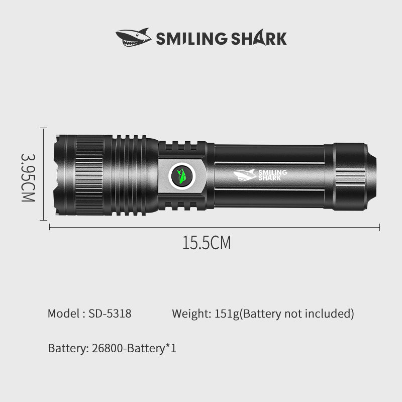 SmilingShark SD-5318 Torch Super Bright M80 10000 Lumens Flashlight Zoomable 5 Modes Type-C Rechargeable Torch Rechargeable Flashlight Water-resistant