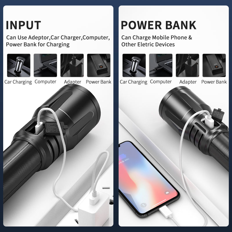 Smiling Shark SD-7008 Flashlight 12000 lumens Torches Rechargeable Type-C Rechargeable 3 modes Zoomable Waterproof With Power Bank Function