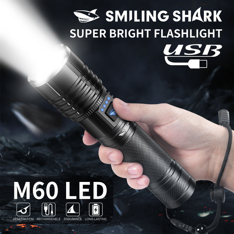 Smiling Shark SD-7131 Super Bright 6000 Lumens Led Torch 4 Modes Type-C Rechargeable Flashlight Lighting Zoomable Waterproof With Power Bank Function