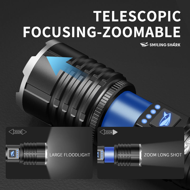 Smiling Shark SD-7131 Super Bright 6000 Lumens Led Torch 4 Modes Type-C Rechargeable Flashlight Lighting Zoomable Waterproof With Power Bank Function