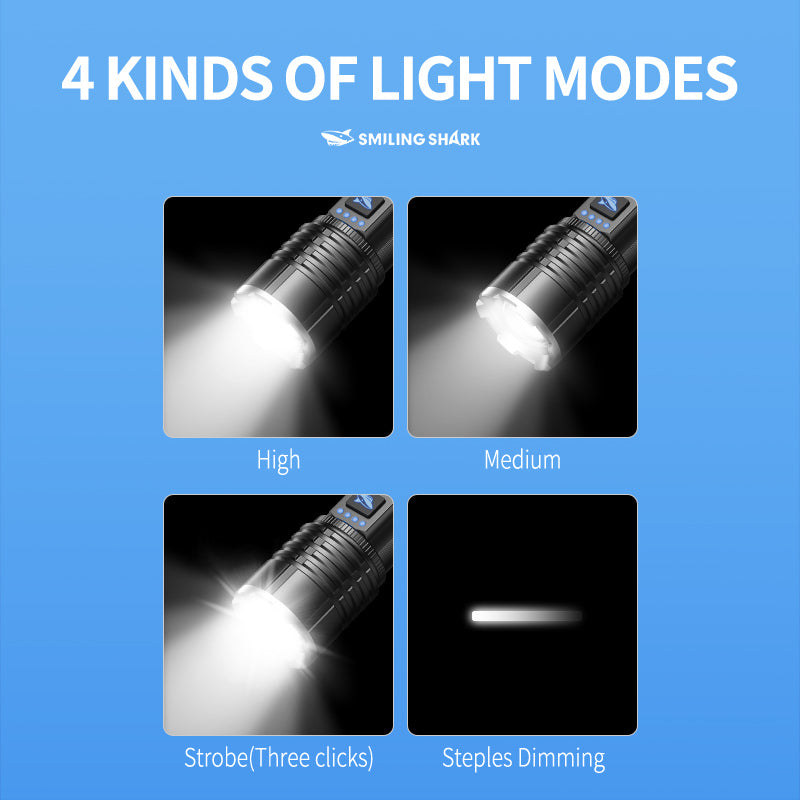 Smiling Shark SD-7131 Super Bright 6000 Lumens Led Torch 4 Modes Type-C Rechargeable Flashlight Lighting Zoomable Waterproof With Power Bank Function
