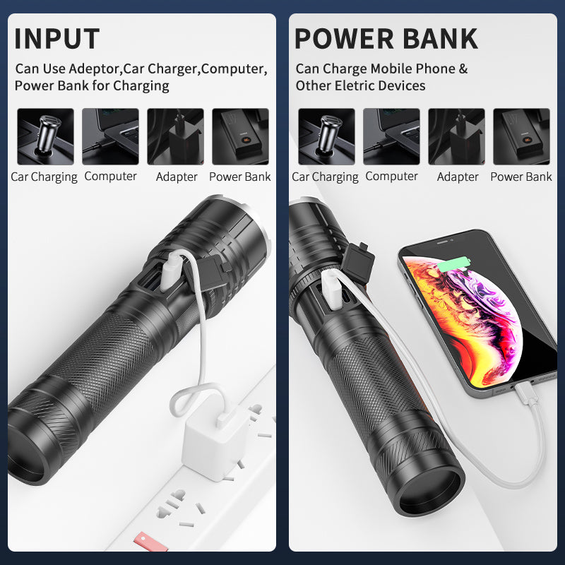 Smiling Shark SD-7131 Super Bright 6000 Lumens Led Torch 4 Modes Type-C Rechargeable Flashlight Lighting Zoomable Waterproof With Power Bank Function