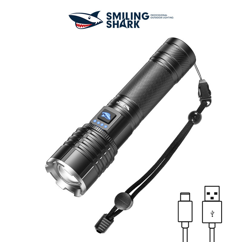 Smiling Shark SD-7131 Super Bright 6000 Lumens Led Torch 4 Modes Type-C Rechargeable Flashlight Lighting Zoomable Waterproof With Power Bank Function