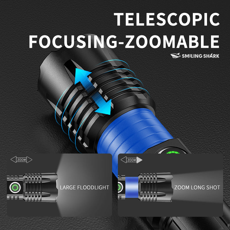 Smiling Shark SD-7163 Super Bright Led Torch 6000 Lumens 4 Modes Type-C Rechargeable Flashlight Lighting LED Torch Light Zoomable Waterproof With Power Bank Function