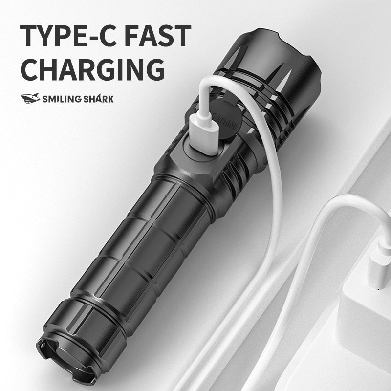 Smiling Shark SD-7163 Super Bright Led Torch 6000 Lumens 4 Modes Type-C Rechargeable Flashlight Lighting LED Torch Light Zoomable Waterproof With Power Bank Function