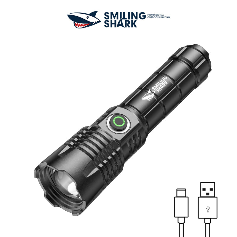 Smiling Shark SD-7163 Super Bright Led Torch 6000 Lumens 4 Modes Type-C Rechargeable Flashlight Lighting LED Torch Light Zoomable Waterproof With Power Bank Function
