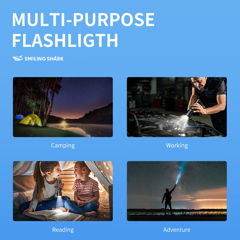 SmilingShark SD7171 Torch light Super Bright M60 6000lm Powerful Flashlight with Power Display 4modes Zoomable Type-C Rechargeable Waterproof for Camping Hiking Household