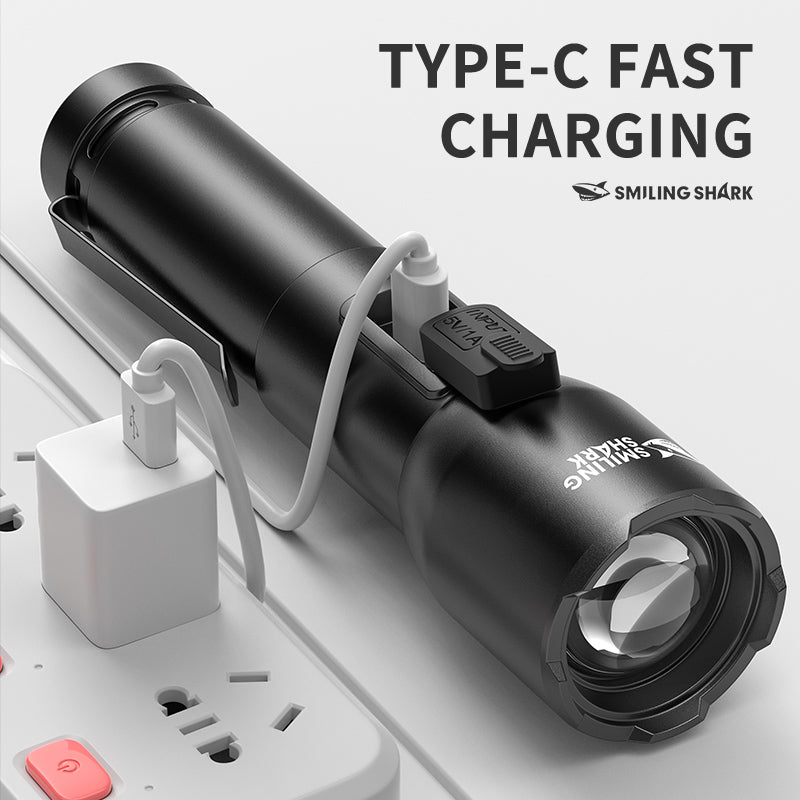 Smiling Shark SD-8107 Super Bright 7000 Lumens Type-C Rechargeable Torch Light Torches Rechargeable Flashlight Lighting 5 Models Zoomable Waterproof