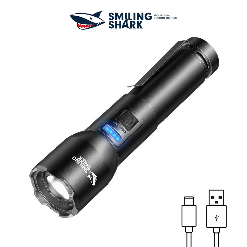 Smiling Shark SD-8107 Super Bright 7000 Lumens Type-C Rechargeable Torch Light Torches Rechargeable Flashlight Lighting 5 Models Zoomable Waterproof