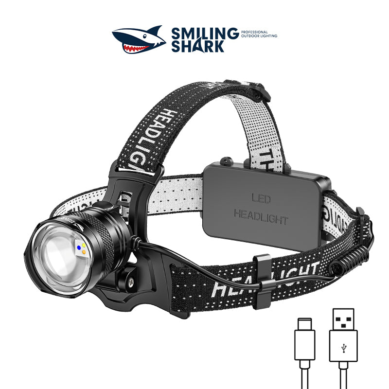 Smiling Shark 6000LM LED Headlamp 3-Color White/Yellow/Blue Modes Rechargeable Zoom Headlight-0157C
