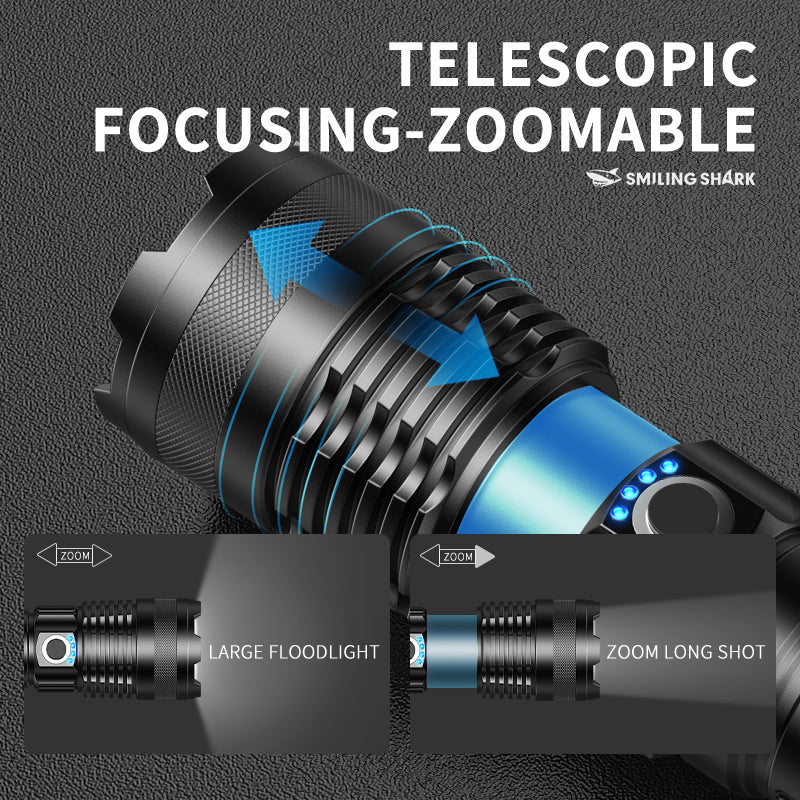 Smiling Shark X71 Super Bright 6000LMS Led Torch 5 Modes Type-C Rechargeable Flashlight Lighting Zoomable Waterproof