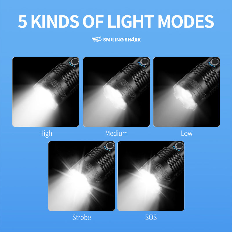 Smiling Shark X71 Super Bright 6000LMS Led Torch 5 Modes Type-C Rechargeable Flashlight Lighting Zoomable Waterproof
