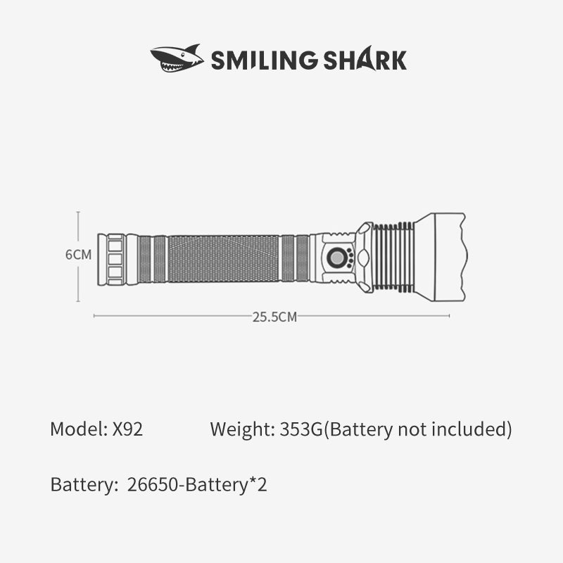 Smiling Shark X92 Super Bright 6000 Lumens Rechargeable Led Torch Flashlight Lighting Torch 10000mAh 15 hours long last