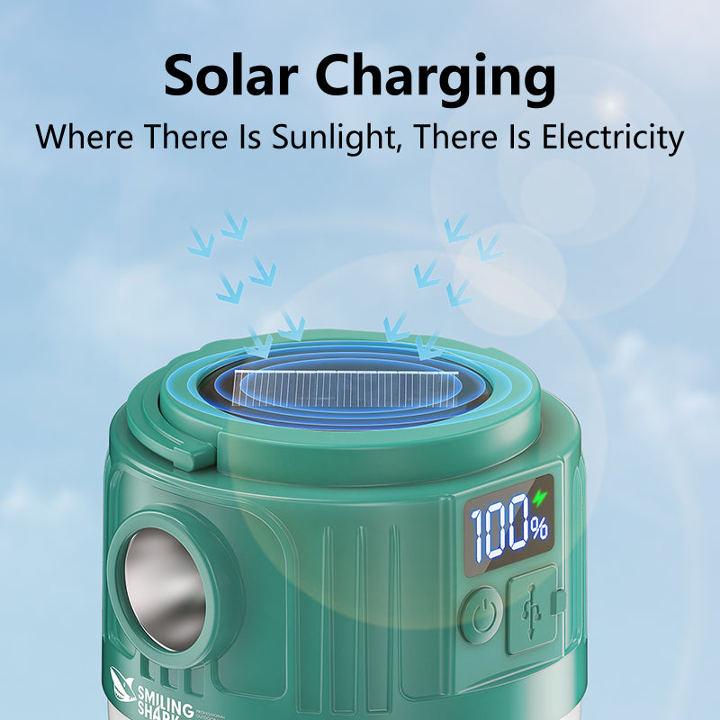 Smiling Shark YJ5801 Solar Led Camping Lantern USB Rechargeable Super Bright Digital Display, 6 Modes, USB Power Bank, Phone Charger with Remote Control