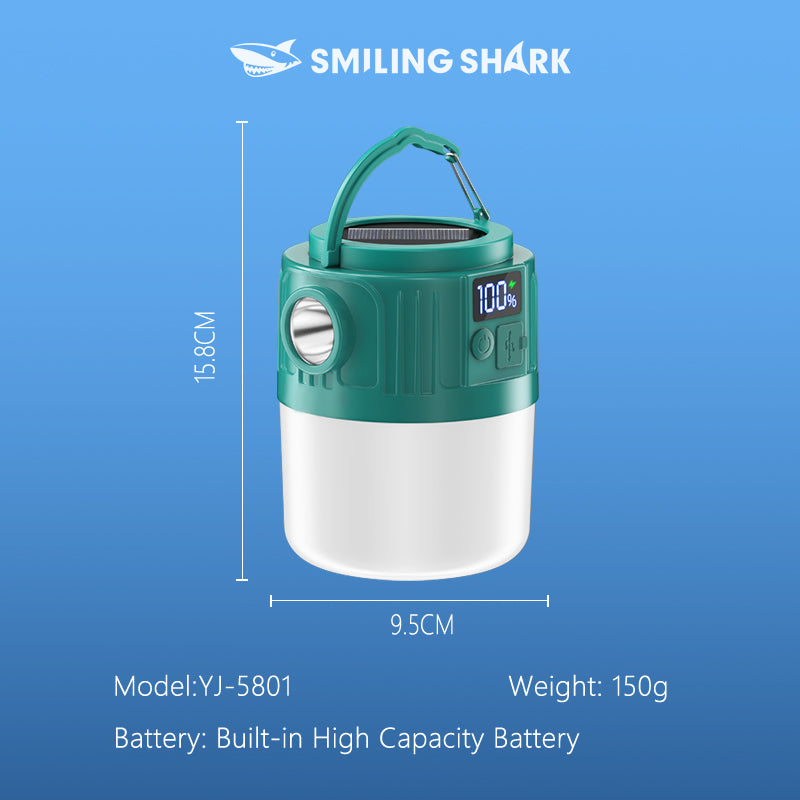 Smiling Shark YJ5801 Solar Led Camping Lantern USB Rechargeable Super Bright Digital Display, 6 Modes, USB Power Bank, Phone Charger with Remote Control