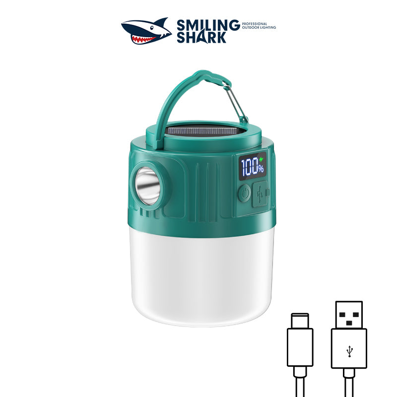 Smiling Shark YJ5801 Solar Led Camping Lantern USB Rechargeable Super Bright Digital Display, 6 Modes, USB Power Bank, Phone Charger with Remote Control