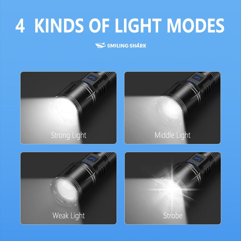SmilingShark SD7171 Torch light Super Bright M60 6000lm Powerful Flashlight with Power Display 4modes Zoomable Type-C Rechargeable Waterproof for Camping Hiking Household