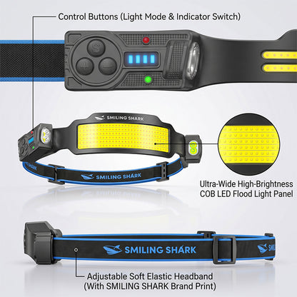 Smiling Shark S-01F Super Bright COB LED Headlamp 6 Modes Wave Sensor USB-C Rechargeable 2400mAh