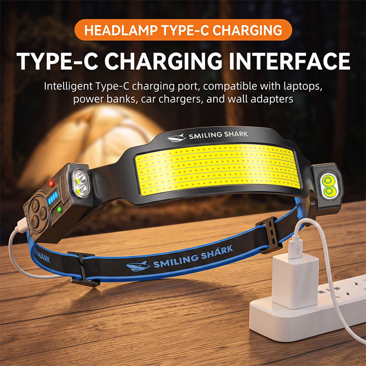 Smiling Shark S-01F Super Bright COB LED Headlamp 6 Modes Wave Sensor USB-C Rechargeable 2400mAh