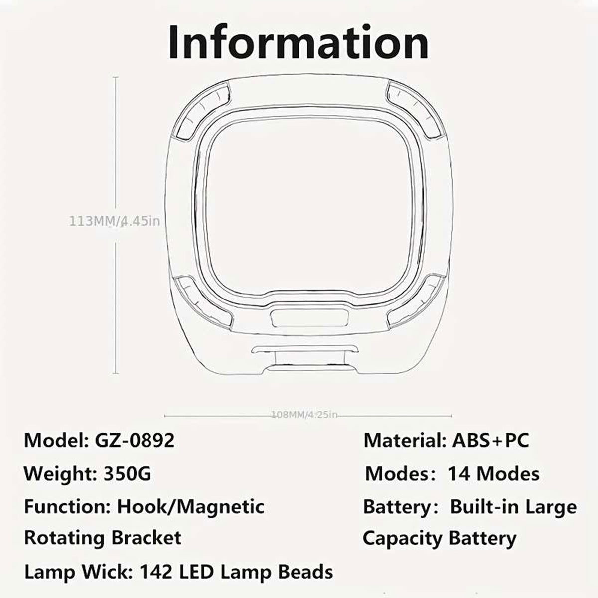 Smiling Shark GZ-0892 COB LED Work Light ,142 LED, 18 Modes, IPX6 Type C Rechargeable Magnetic Camping Lamp,18650/AAA,