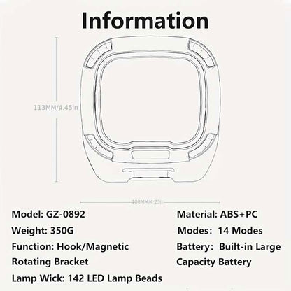 Smiling Shark GZ-0892 COB LED Work Light ,142 LED, 18 Modes, IPX6 Type C Rechargeable Magnetic Camping Lamp,18650/AAA,
