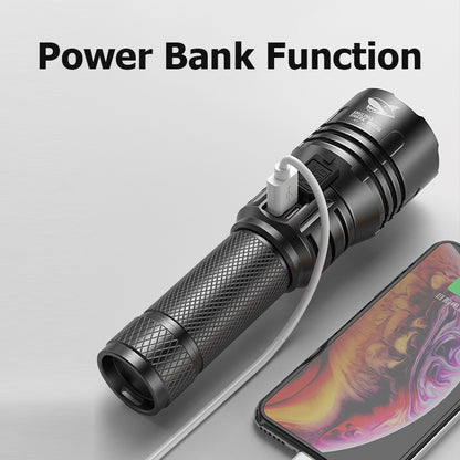 Smiling Shark -SD7009 Flashlight 12000 Lumens Type-C Rechargeable Flashlight Lighting Torch 3 modes Zoomable Waterproof Light With Power Bank Function