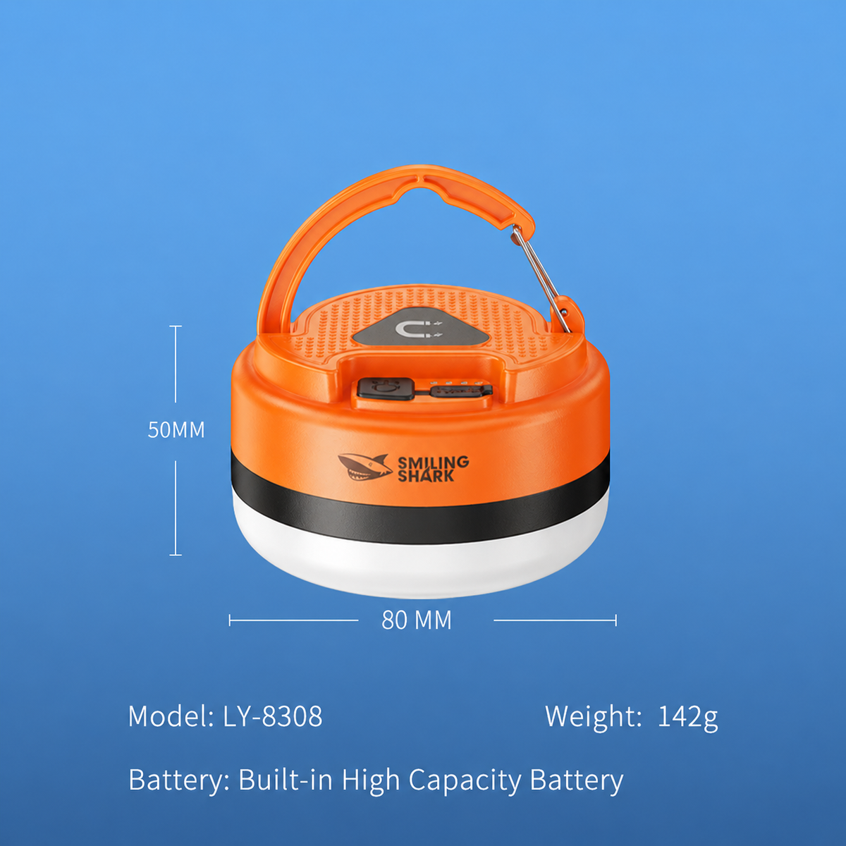 Smiling Shark 8308 Rechargeable Magnetic Camping Light Type-C , 3 Modes, Hook,Camping Lamp