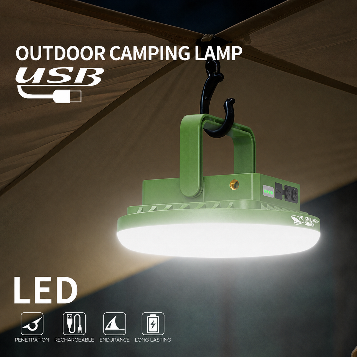 Smiling Shark LY-8336 Solar Magnetic Camping Lamp 6000LMS 5 Modes USB-C,, 4800mAh,Stepless Dimming Lantern, Power Display, Waterproof