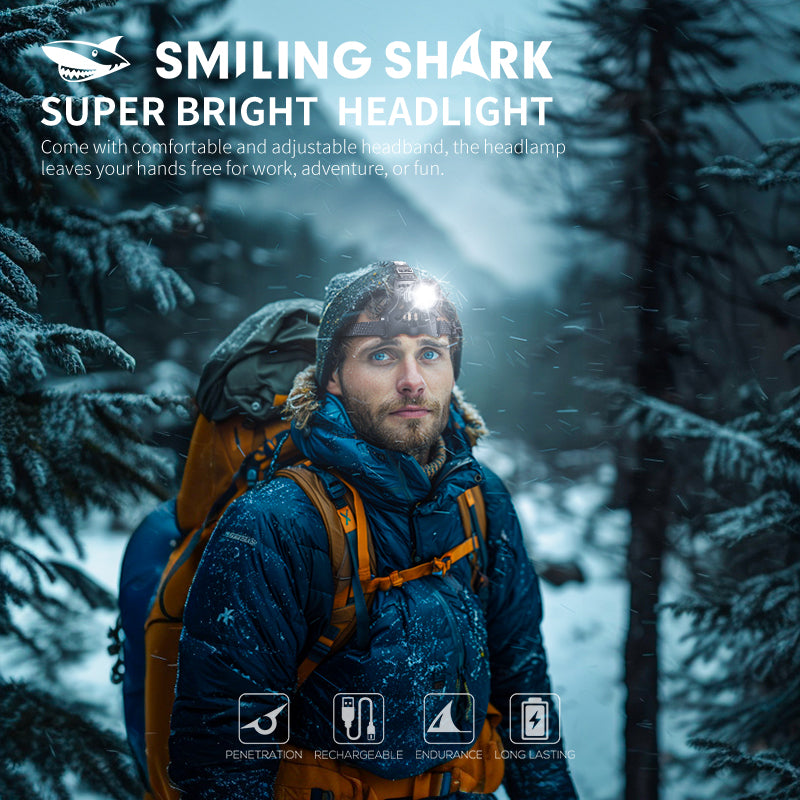 Smiling Shark K225B Led Headlights 6000 LMS LED Headlamp Torch Usb Rechargeable Headlight With Two 18650 Headlamp Battery Zoomable Type-C Waterproof With Sensor Switch