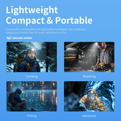 Smiling Shark K225B Led Headlights 6000 LMS LED Headlamp Torch Usb Rechargeable Headlight With Two 18650 Headlamp Battery Zoomable Type-C Waterproof With Sensor Switch