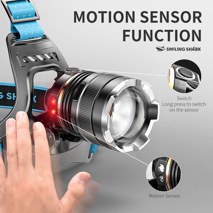 Smiling Shark K225B Led Headlights 6000 LMS LED Headlamp Torch Usb Rechargeable Headlight With Two 18650 Headlamp Battery Zoomable Type-C Waterproof With Sensor Switch