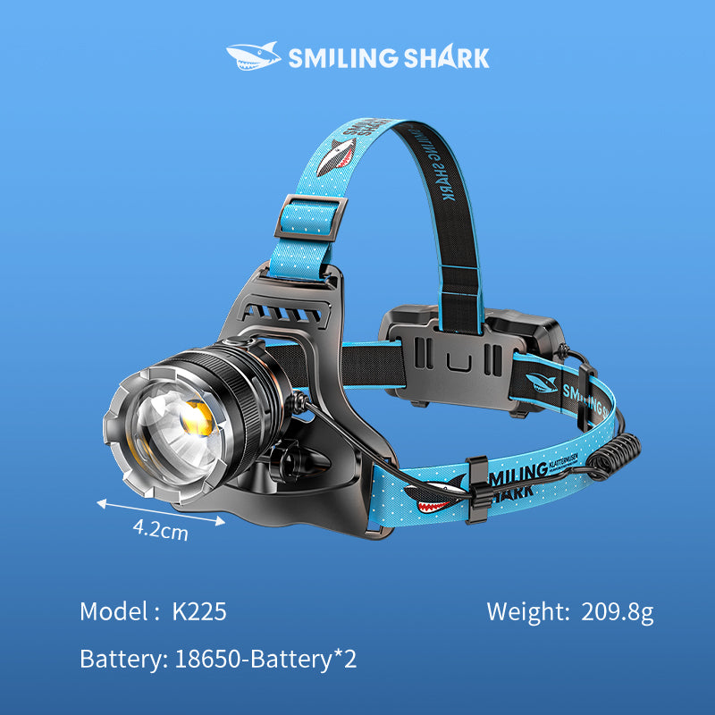 Smiling Shark K225B Led Headlights 6000 LMS LED Headlamp Torch Usb Rechargeable Headlight With Two 18650 Headlamp Battery Zoomable Type-C Waterproof With Sensor Switch